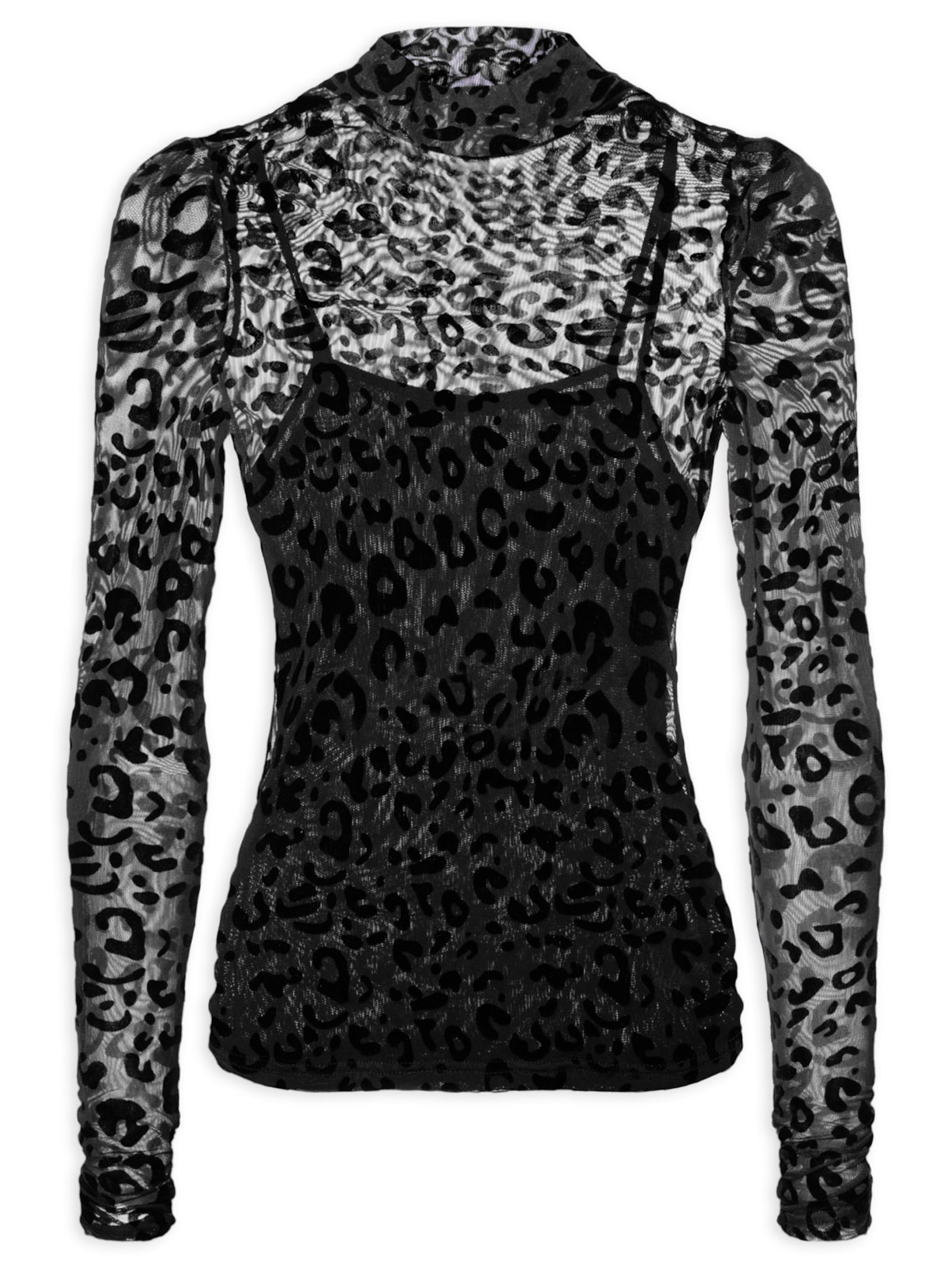 Blusa Feminina Devore Onça Gola Alta - Preto