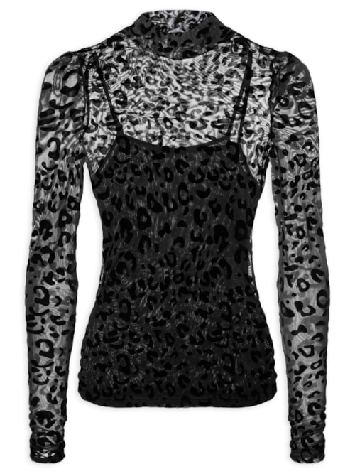 Blusa Feminina Devore Onça Gola Alta - Preto