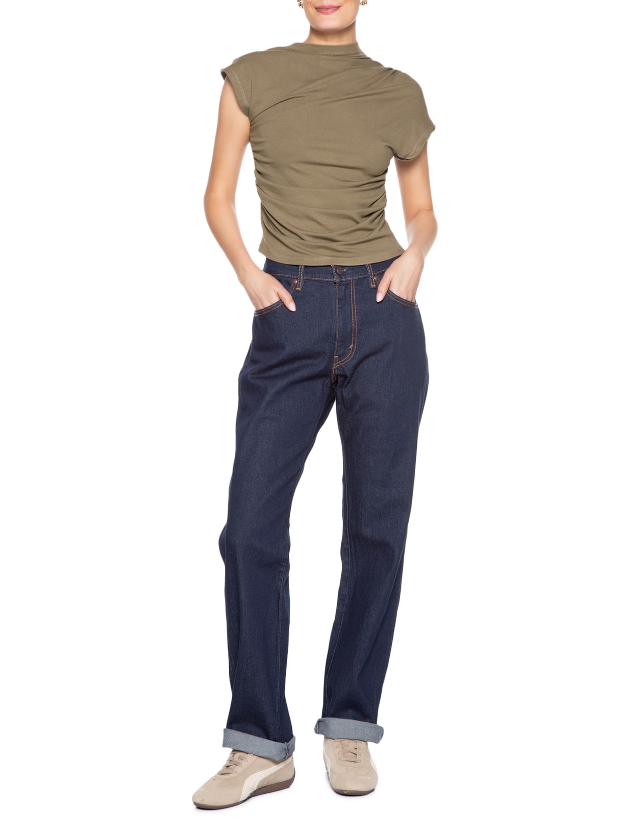 Blusa Feminina Drapeada Assimétrica Bege Basiq