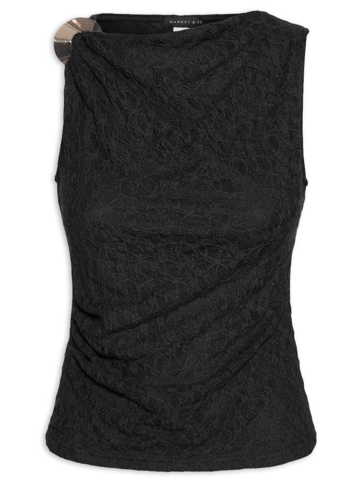 Blusa Feminina Drapeada Em Renda Preto Market 33