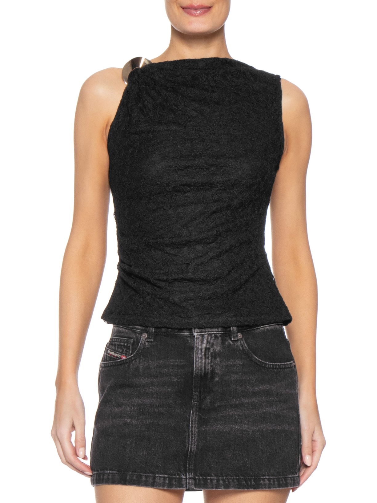 Blusa Feminina Drapeada Em Renda Preto Market 33