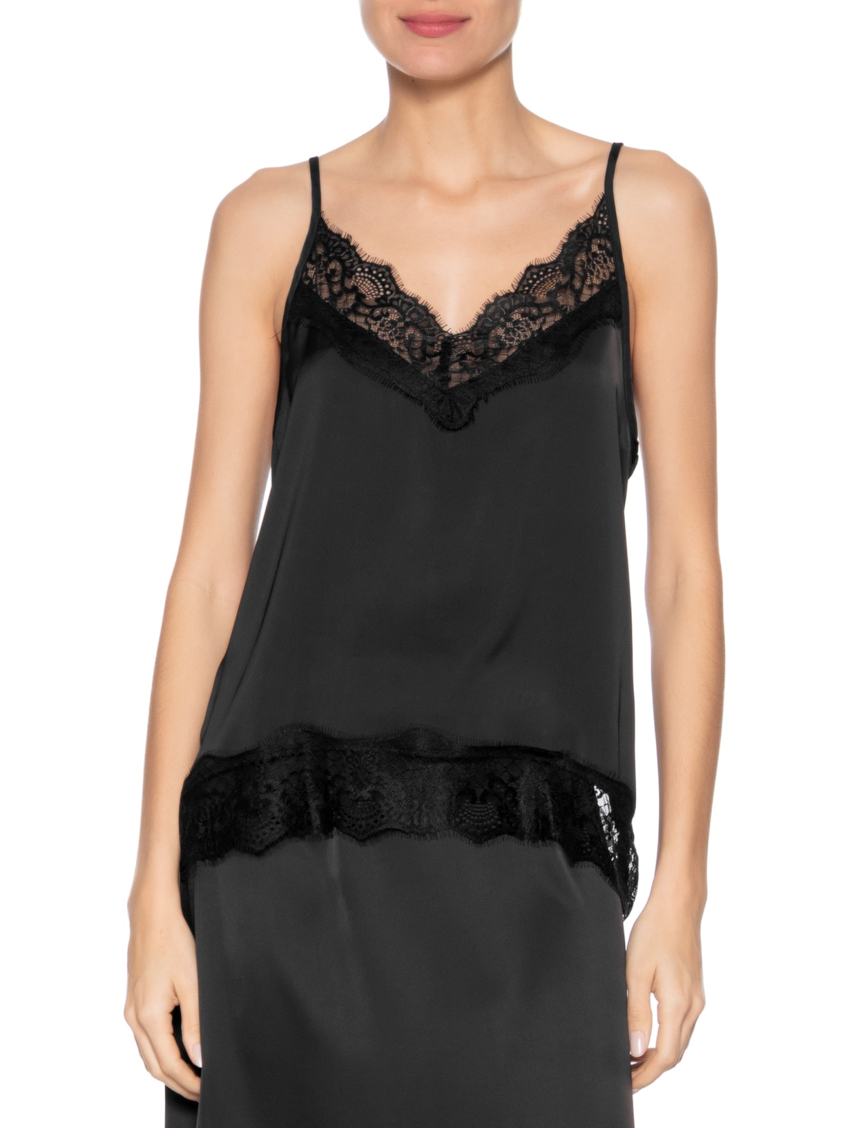 Blusa Feminina Em Cetim Com Renda Preto Market 33