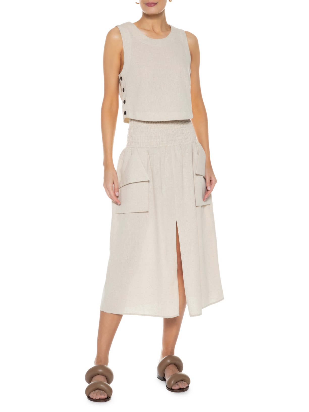 Blusa Feminina Em Linho Misto Bege '2Essential