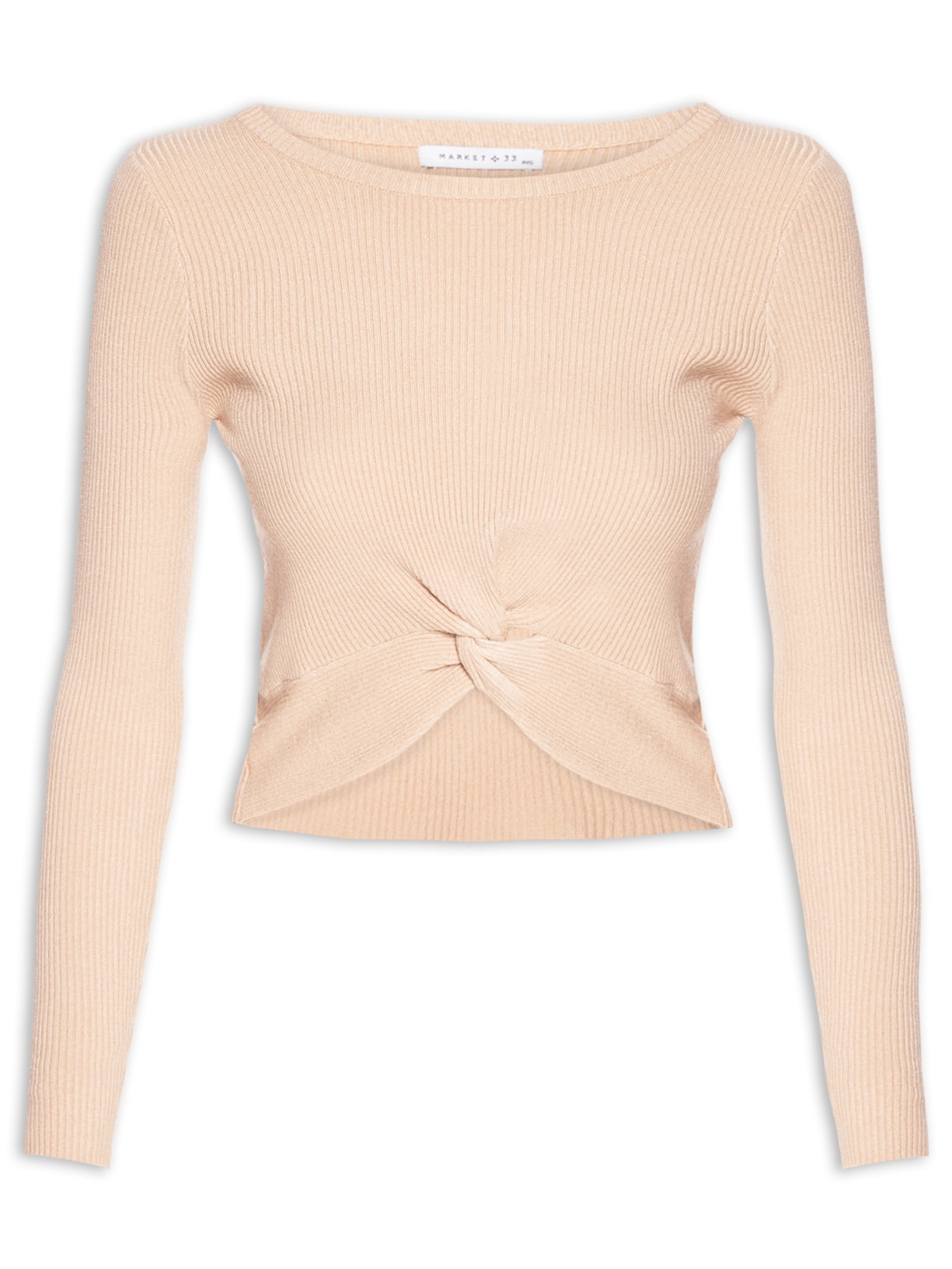 Blusa Feminina Em Malha Canelada Com Torção Frontal - Bege