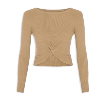 Blusa Feminina Em Malha Canelada Com Torção Frontal - Marrom