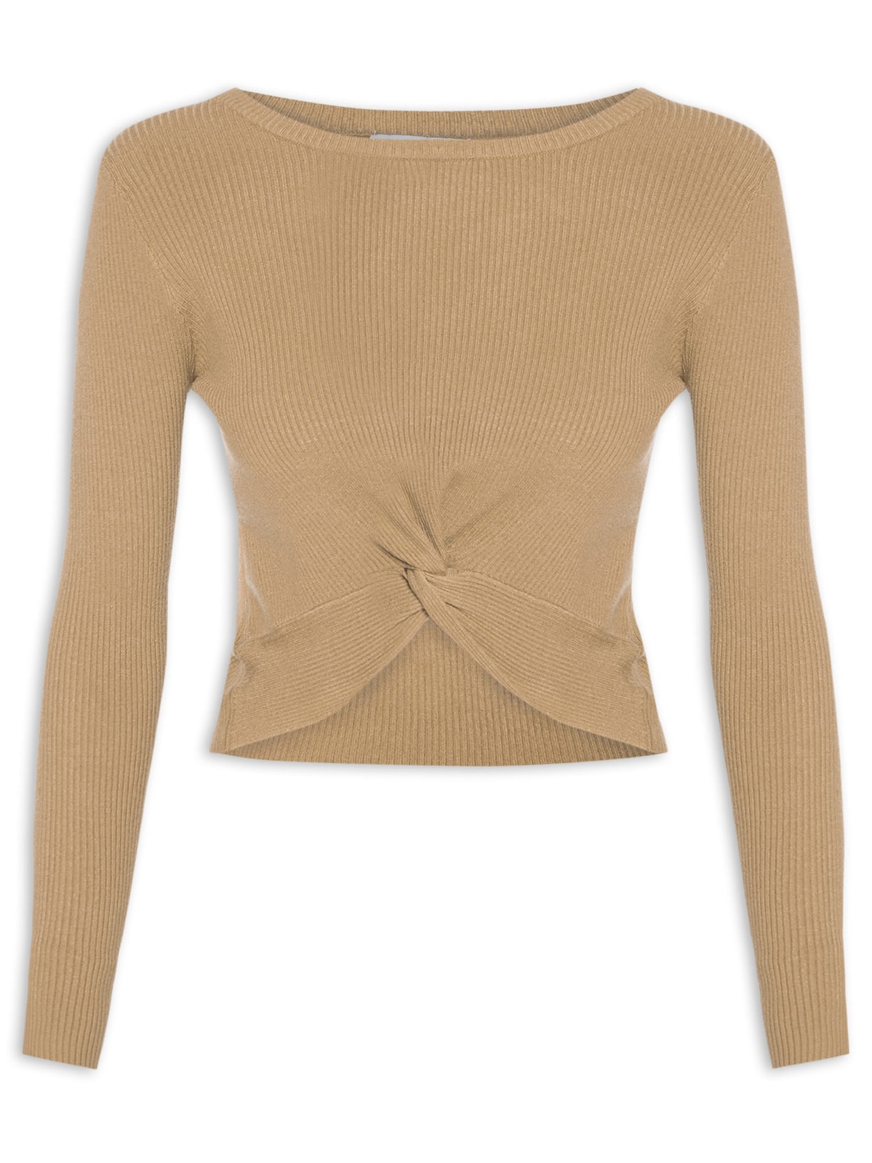 Blusa Feminina Em Malha Canelada Com Torção Frontal - Marrom