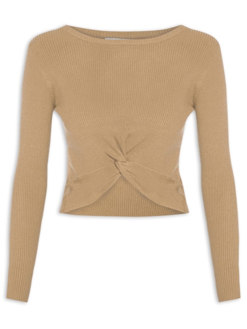 Blusa Feminina Em Malha Canelada Com Torção Frontal - Marrom