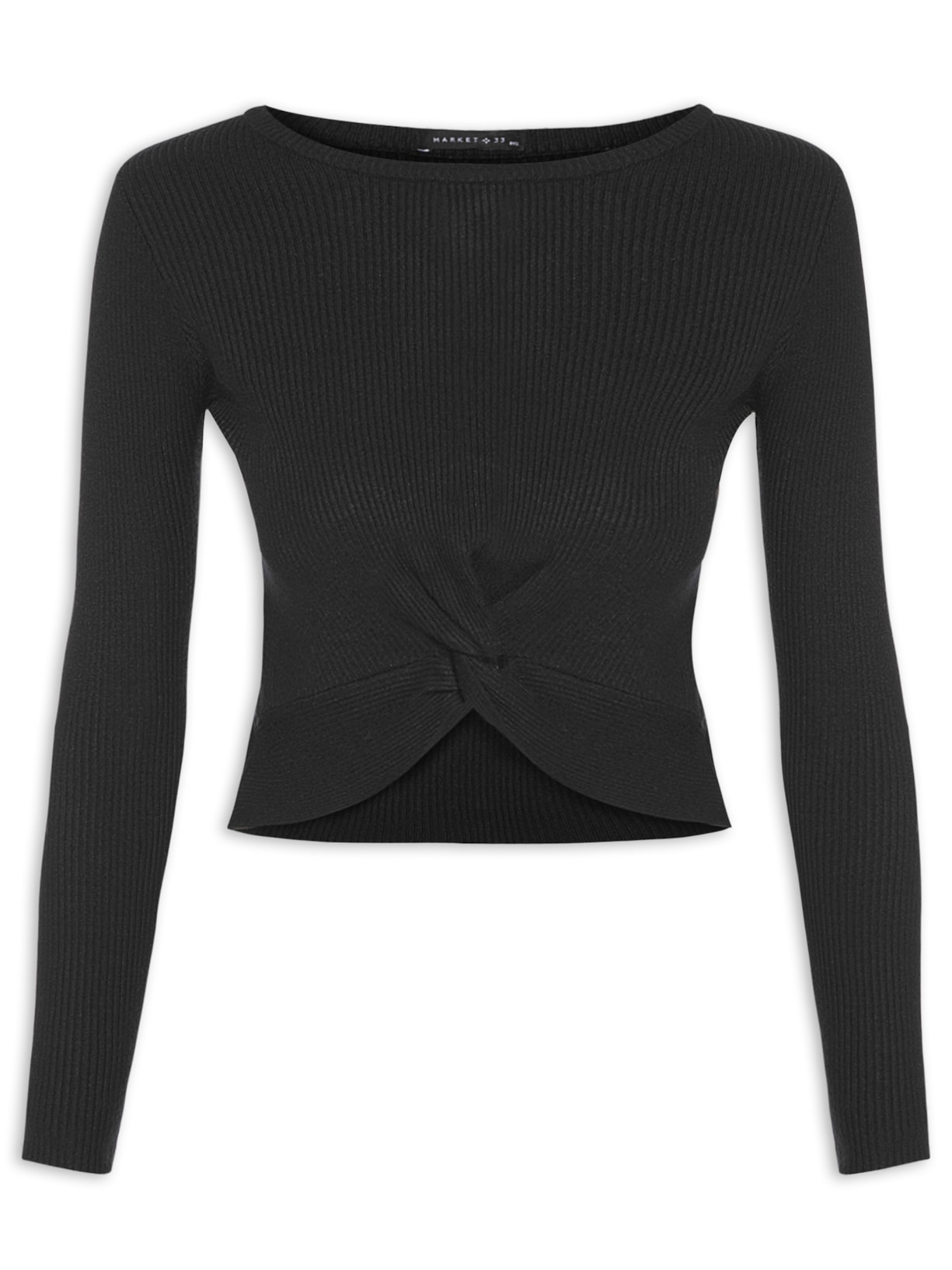 Blusa Feminina Em Malha Canelada Com Torção Frontal - Preto
