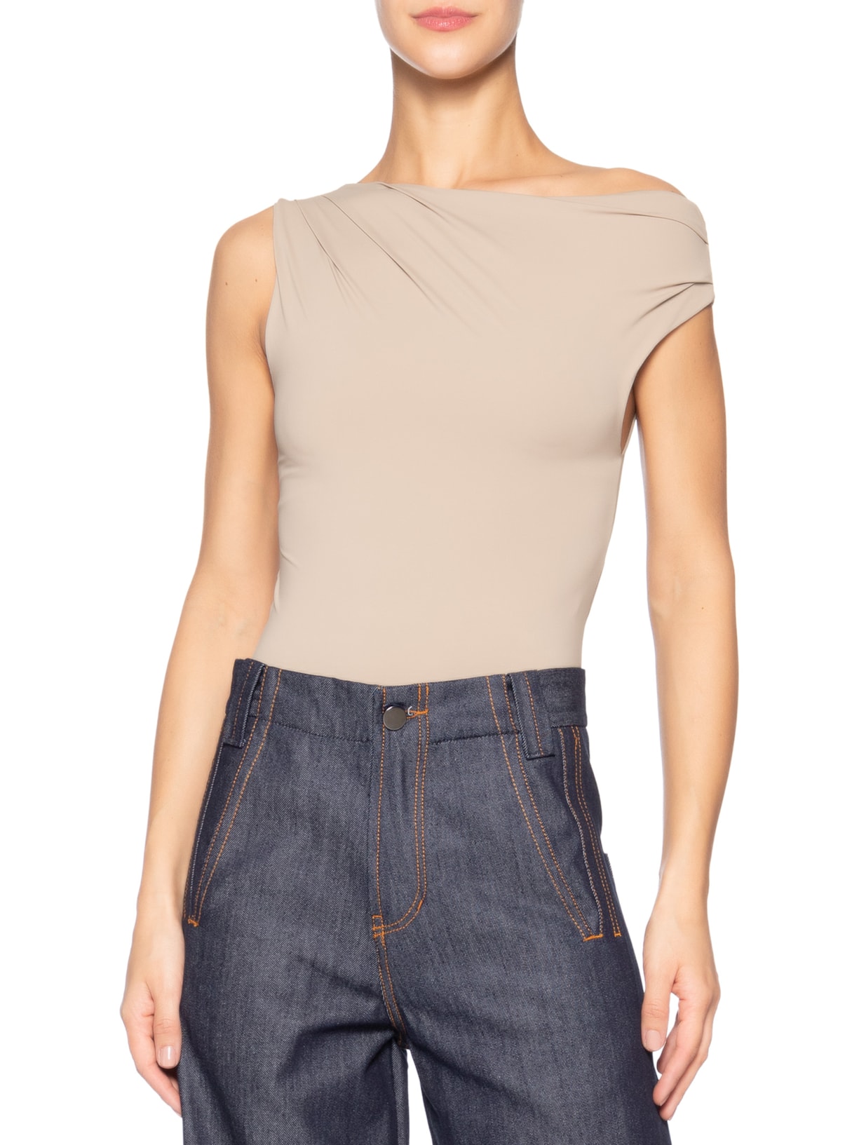 Blusa Feminina Em Poliamida Com Decote Assimétrico Bege Market 33