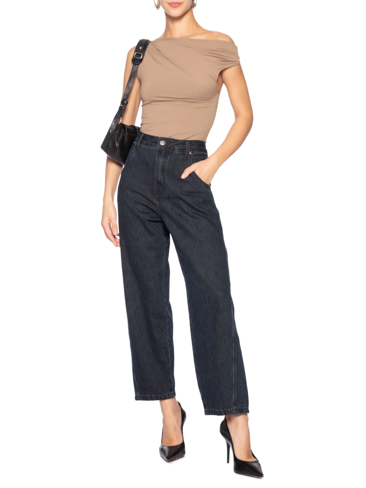 Blusa Feminina Em Poliamida Com Decote Assimétrico Marrom Market 33