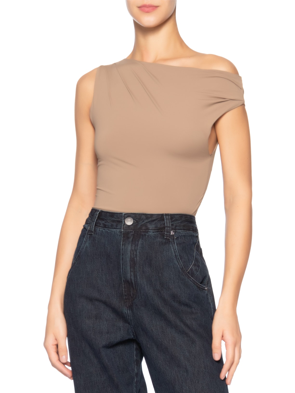 Blusa Feminina Em Poliamida Com Decote Assimétrico Marrom Market 33