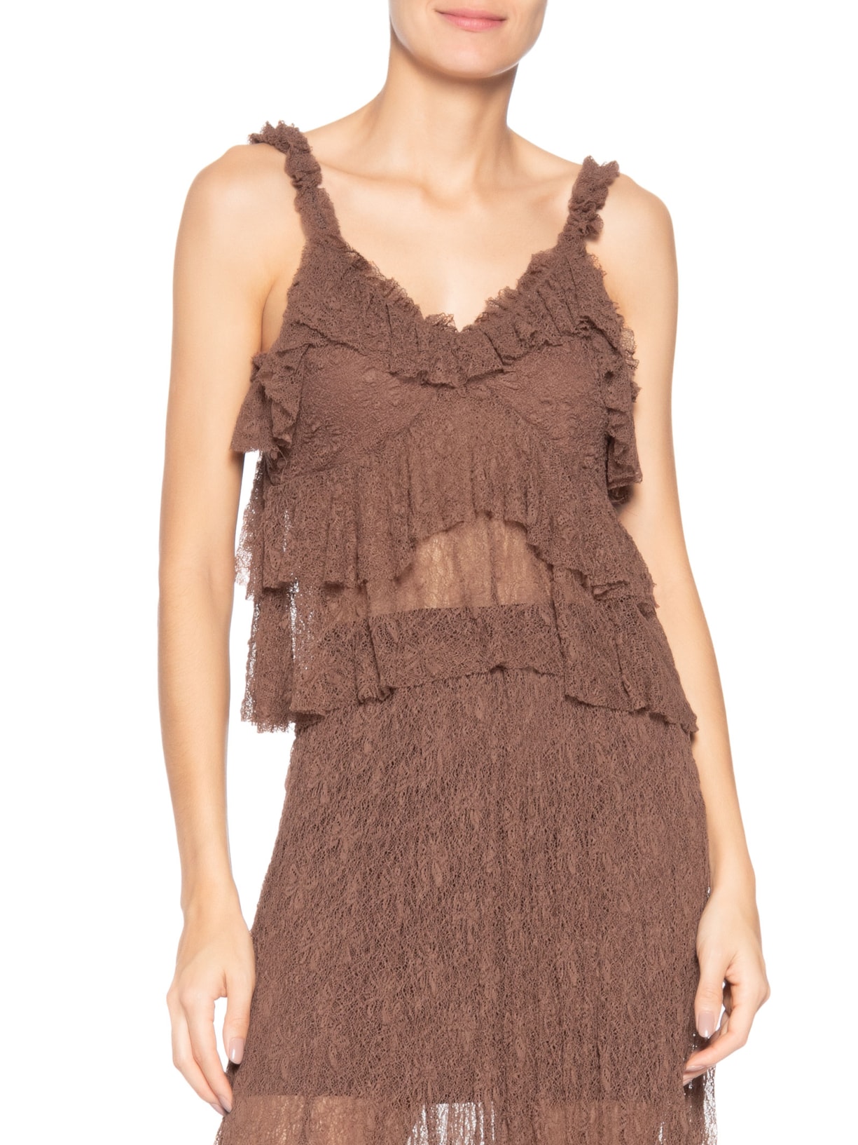 Blusa Feminina Em Renda Com Babados Marrom Market 33