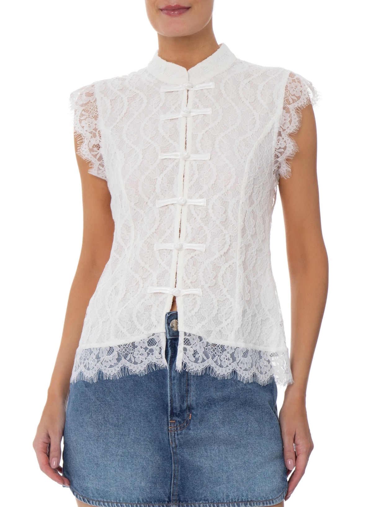 Blusa Feminina em Renda com Fecho em Nó Chinês Off White Market 33