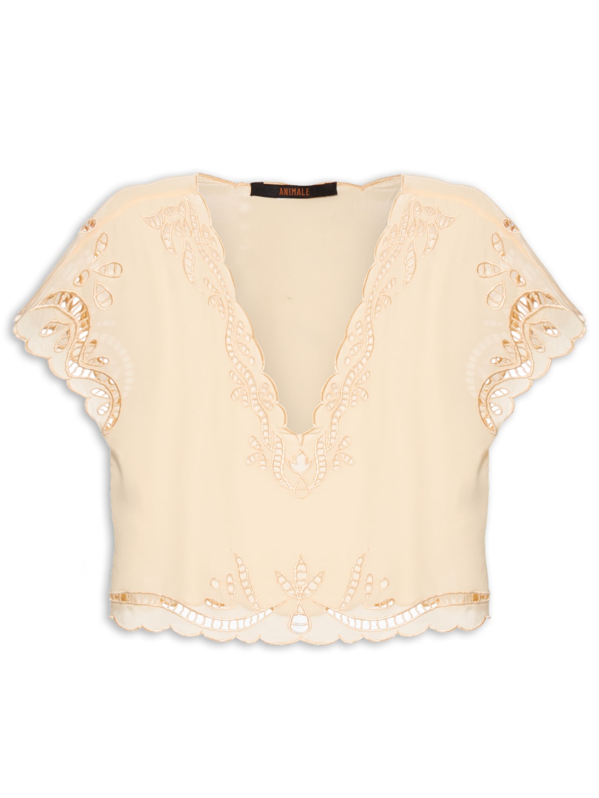 Blusa Feminina Em Seda Com Richilieu Marzipa - Bege