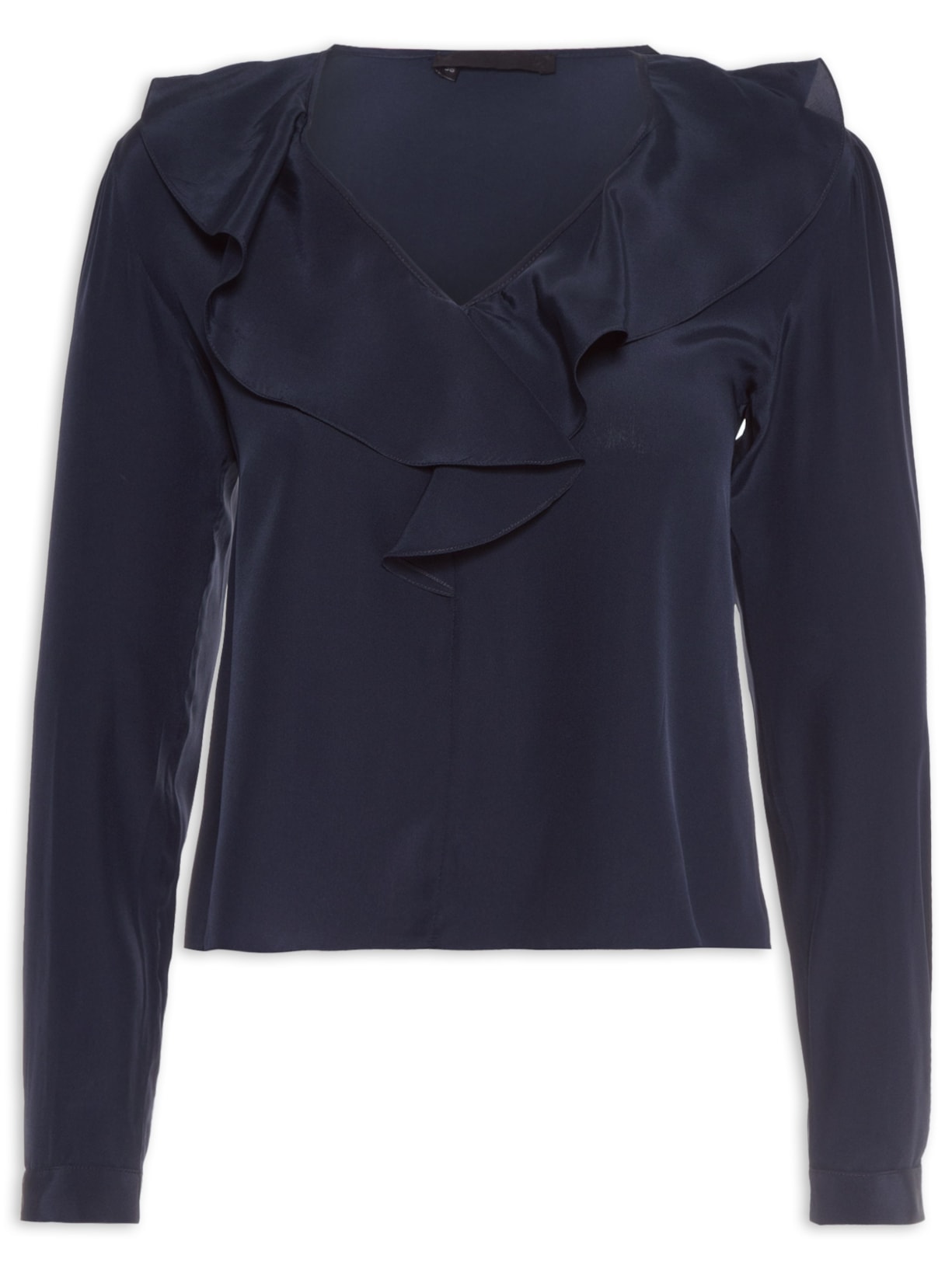 Blusa Feminina Em Seda Pura Manga Longa Babados - Azul