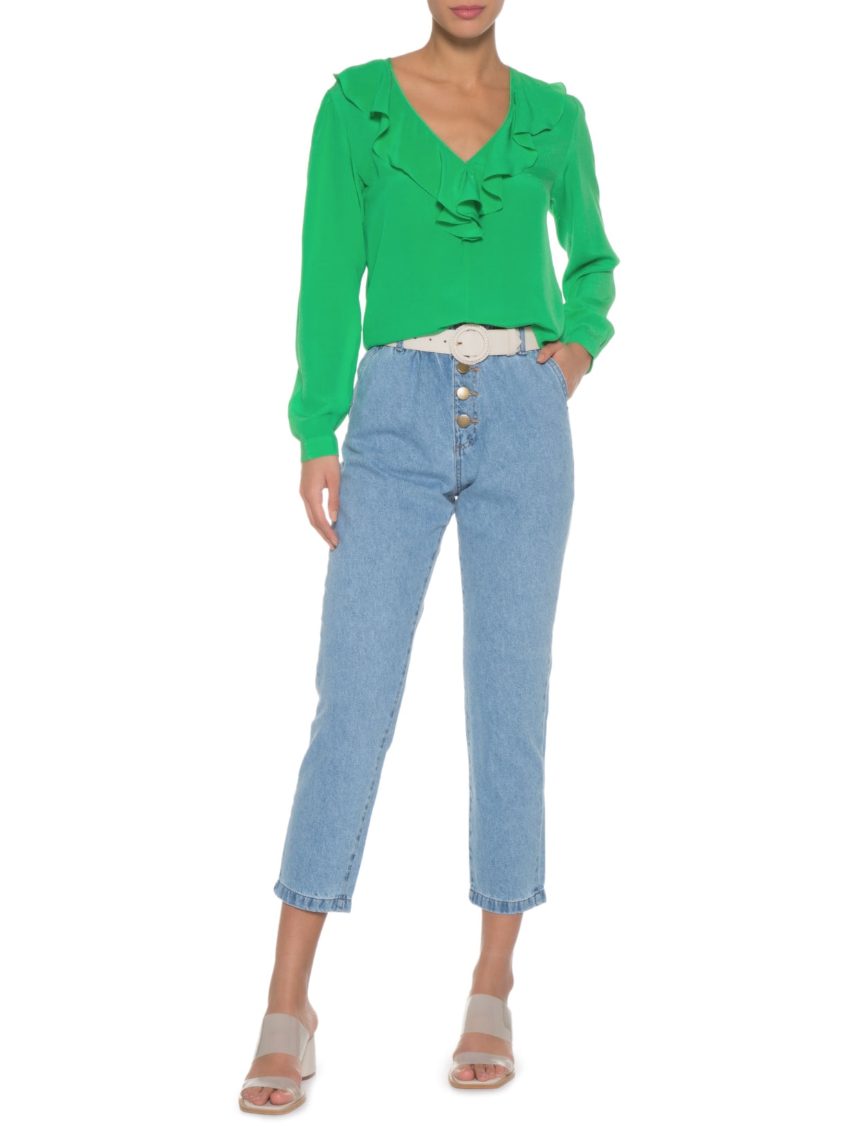 Blusa Feminina Em Seda Pura Manga Longa Babados Verde '2Essential