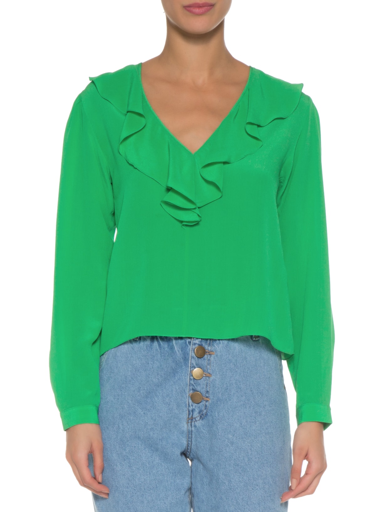 Blusa Feminina Em Seda Pura Manga Longa Babados Verde '2Essential
