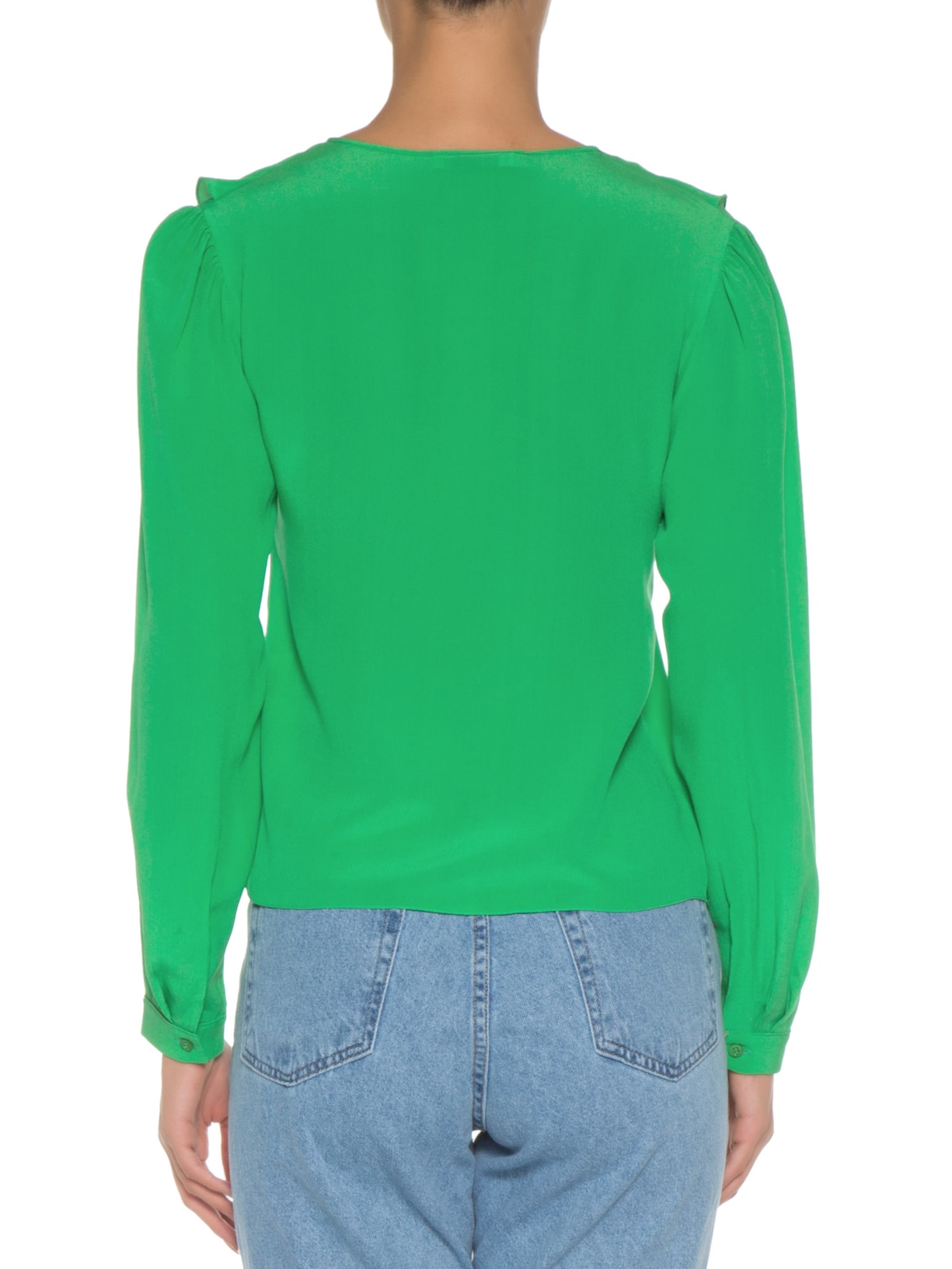 Blusa Feminina Em Seda Pura Manga Longa Babados Verde '2Essential