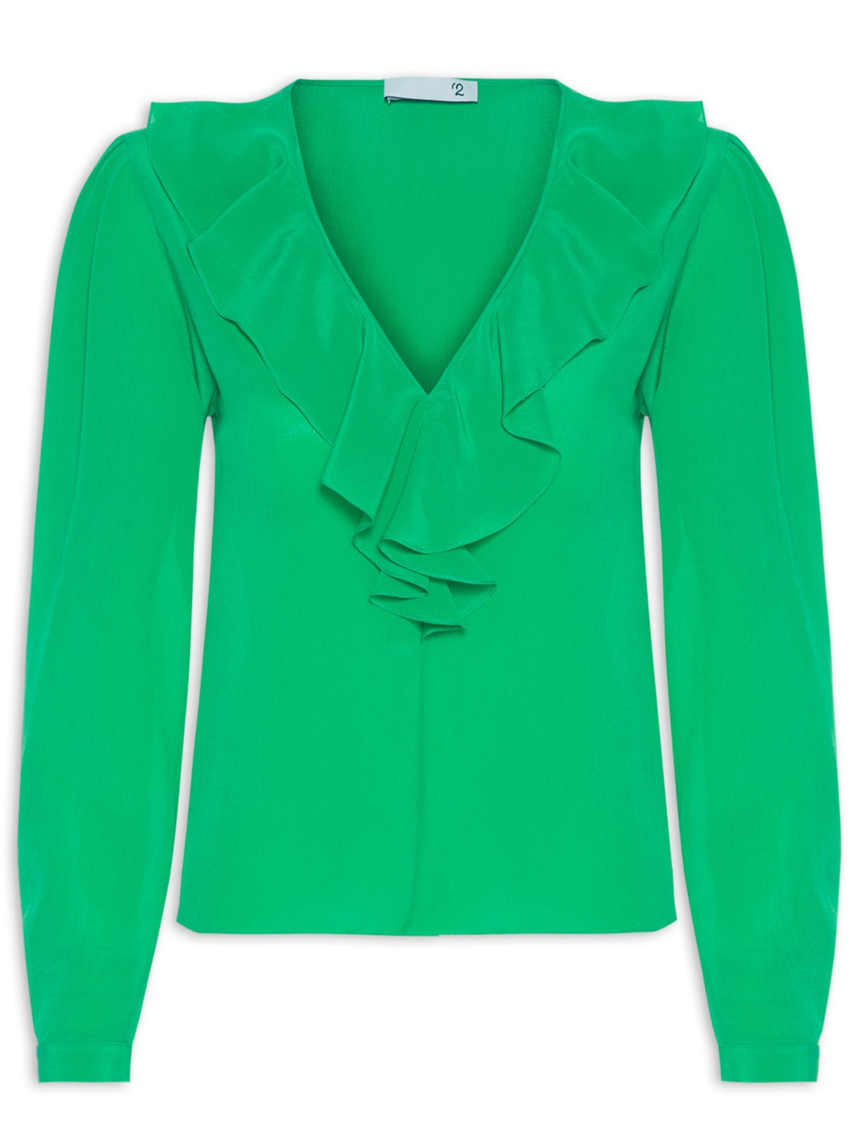 Blusa Feminina Em Seda Pura Manga Longa Babados Verde '2Essential