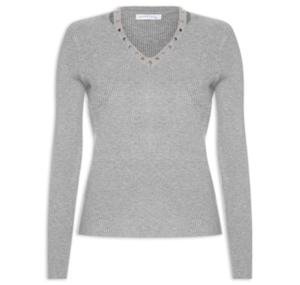 Blusa Feminina Em Tricot Com Aplicação De Tachas - Cinza