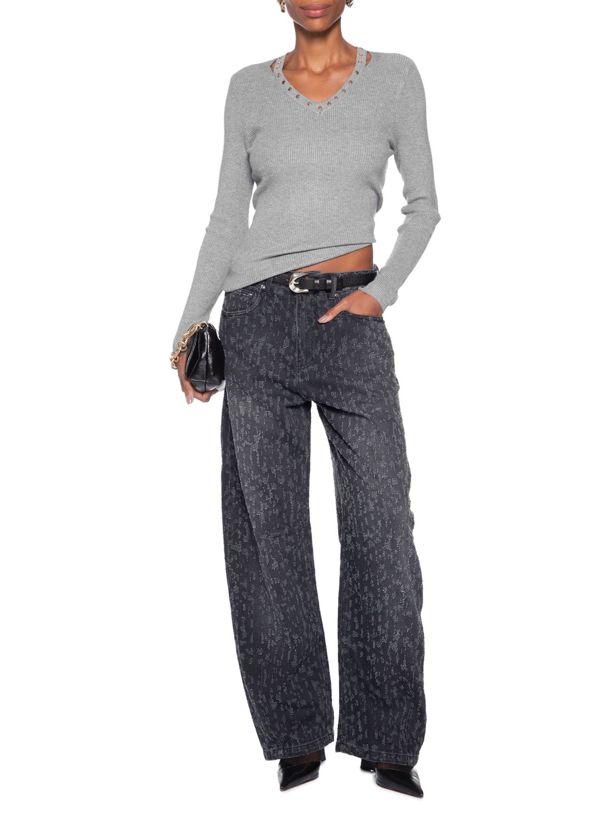Blusa Feminina Em Tricot Com Aplicação De Tachas Cinza Market 33