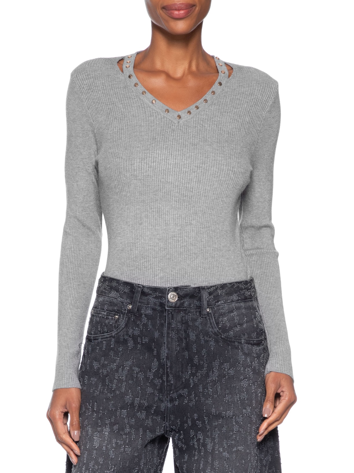 Blusa Feminina Em Tricot Com Aplicação De Tachas Cinza Market 33