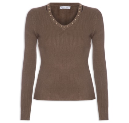 Blusa Feminina Em Tricot Com Aplicação De Tachas - Marrom