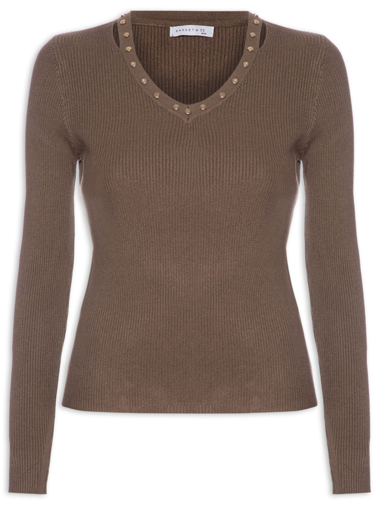 Blusa Feminina Em Tricot Com Aplicação De Tachas - Marrom