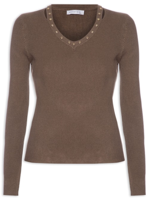 Blusa Feminina Em Tricot Com Aplicação De Tachas - Marrom