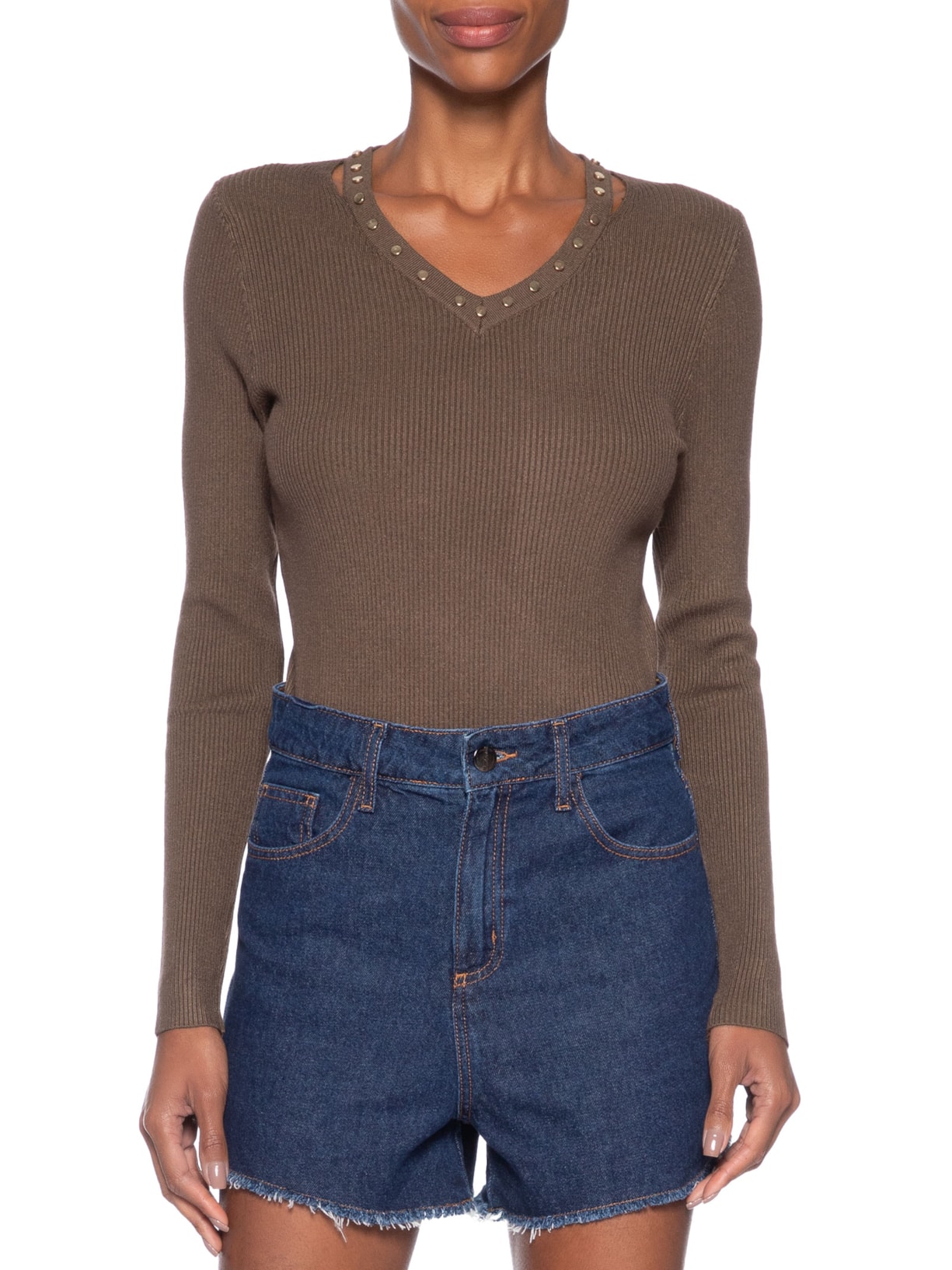 Blusa Feminina Em Tricot Com Aplicação De Tachas Marrom Market 33