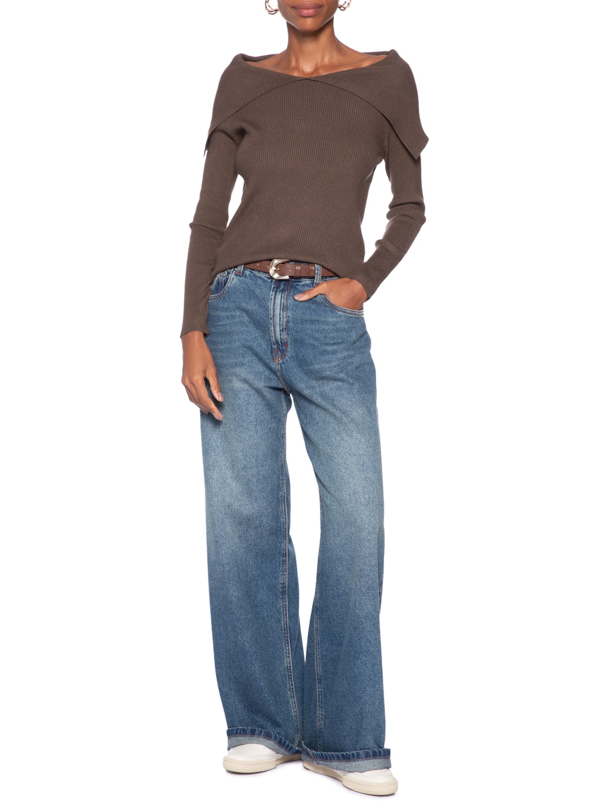 Blusa Feminina  em Tricot Ombro a Ombro – Marrom Basiq