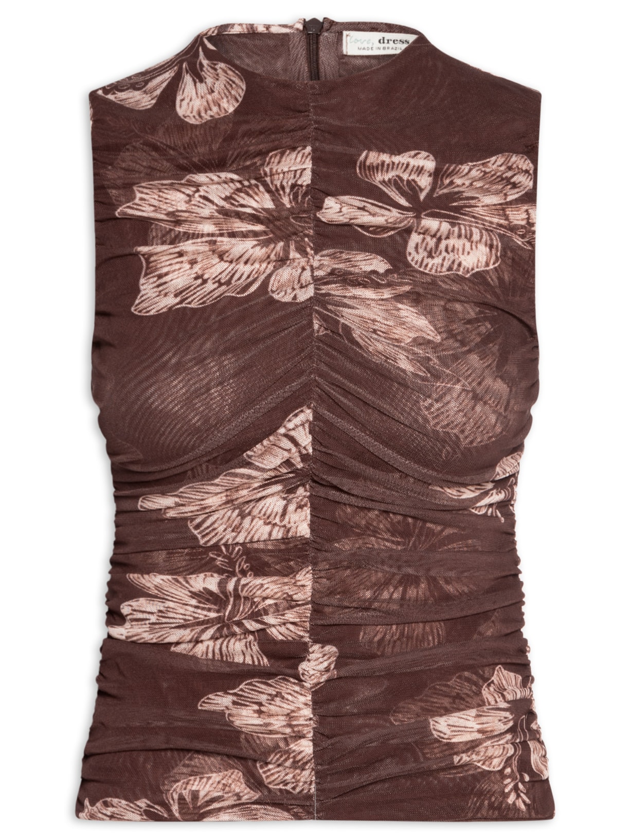 Blusa Feminina Franzida Tule Estampada Grumari - Marrom