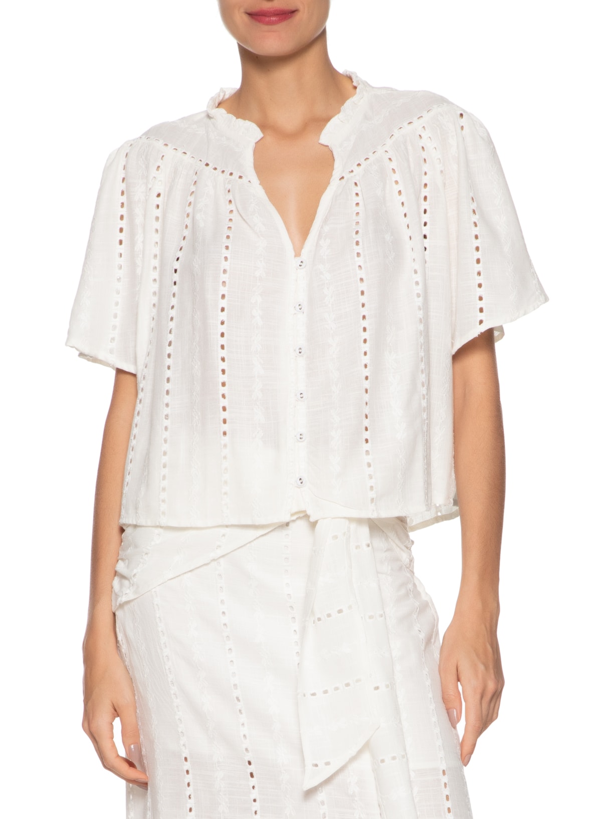 Blusa Feminina Franzido Bordado Listra Bali Branco Maria Filó