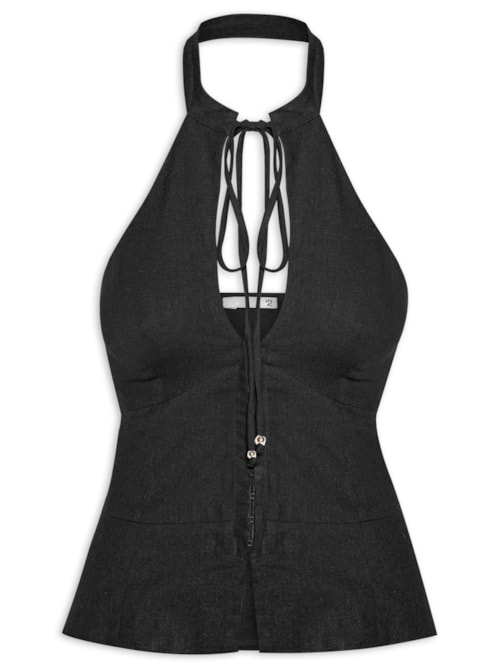 Blusa Feminina Frente Única Com Gola Alta Em Linho Misto - Preto