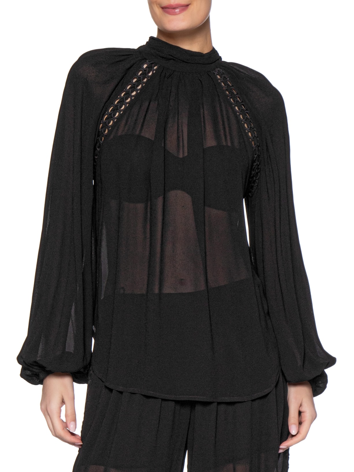 Blusa Feminina GGT Recorte Trançado Preto Maria Filó