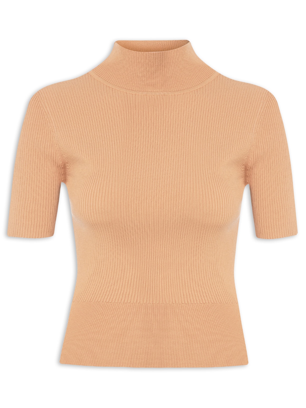 Blusa Feminina Gola Alta Canelada Basic Tricot - Bege