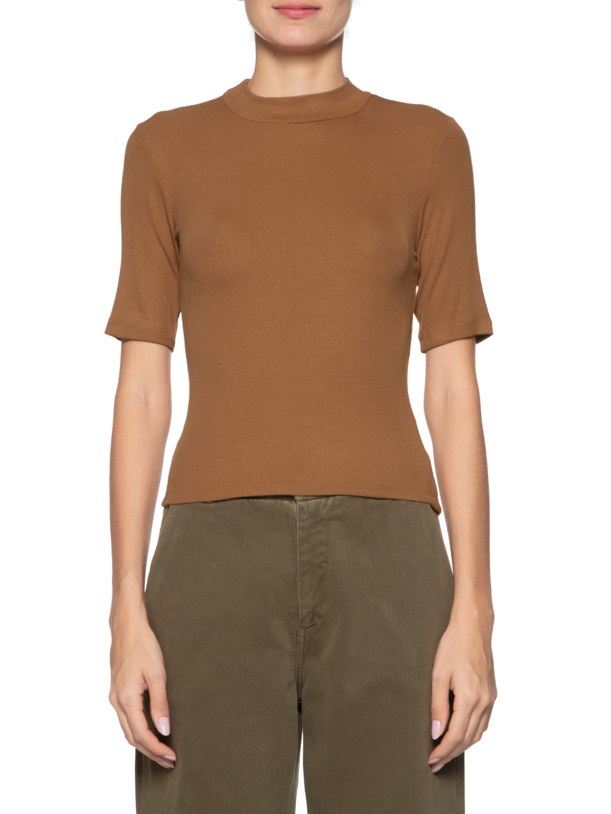 Blusa Feminina Gola Alta Canelada Marrom Basiq