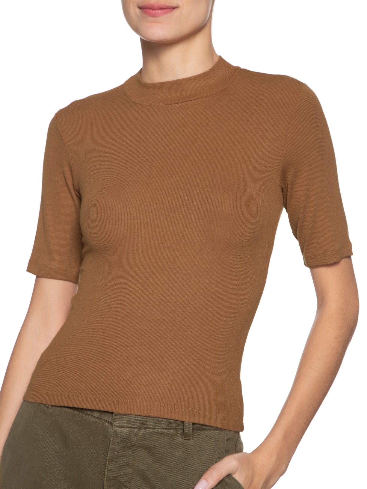 Blusa Feminina Gola Alta Canelada Marrom Basiq