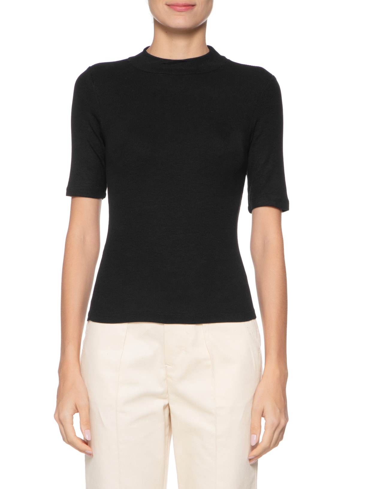 Blusa Feminina Gola Alta Canelada Preto Basiq