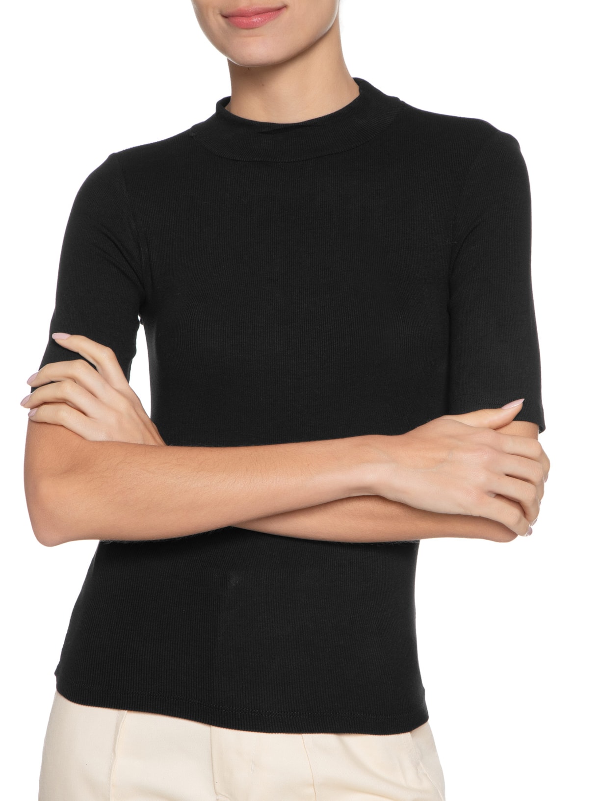 Blusa Feminina Gola Alta Canelada Preto Basiq