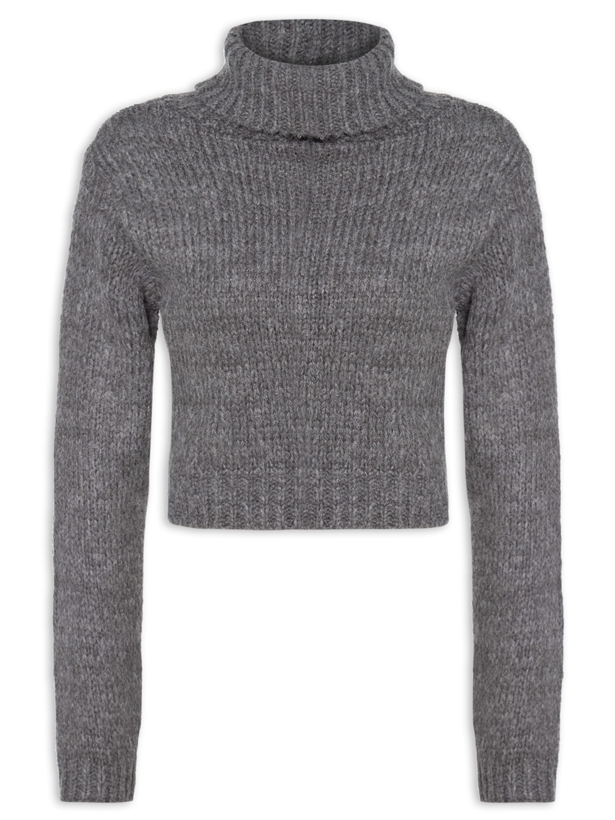 Blusa Feminina Gola Alta Cropped Manga Longa - Cinza