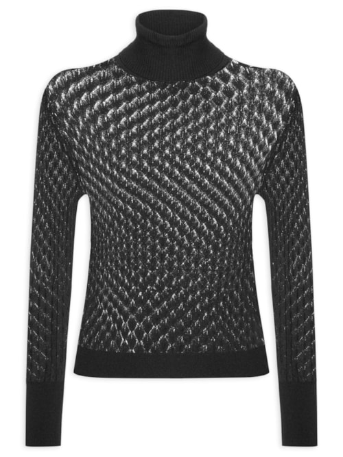 Blusa Feminina Gola Alta De Tricot Furos - Preto