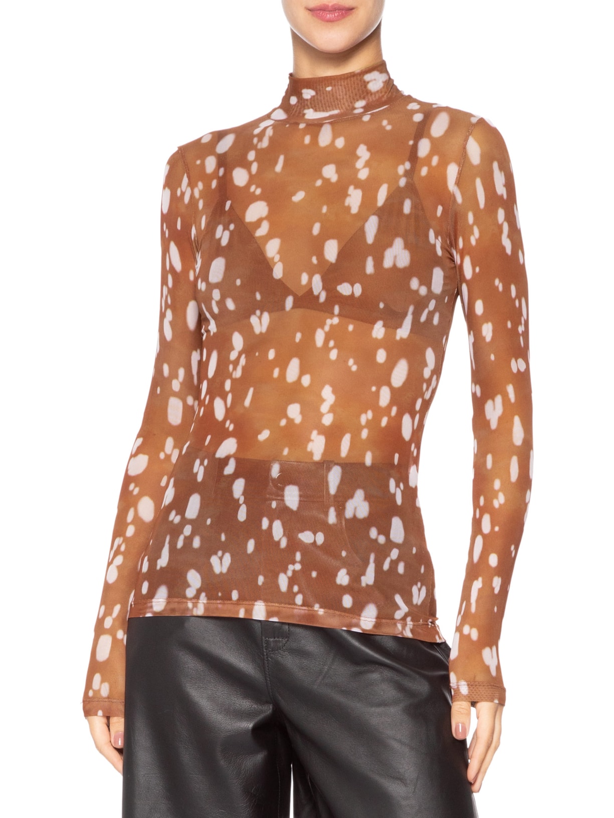 Blusa Feminina Gola Alta De Tule Color Marrom Animale