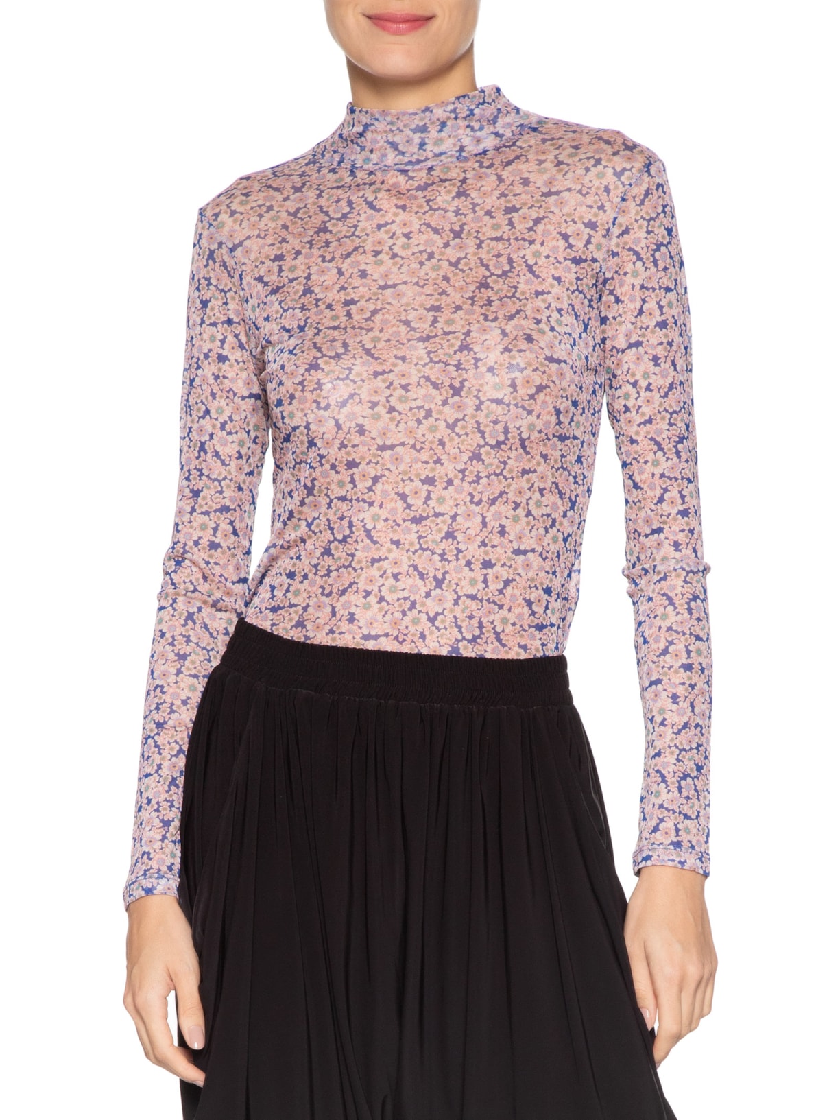 Blusa Feminina Gola Alta De Tule Liberty Azul Animale