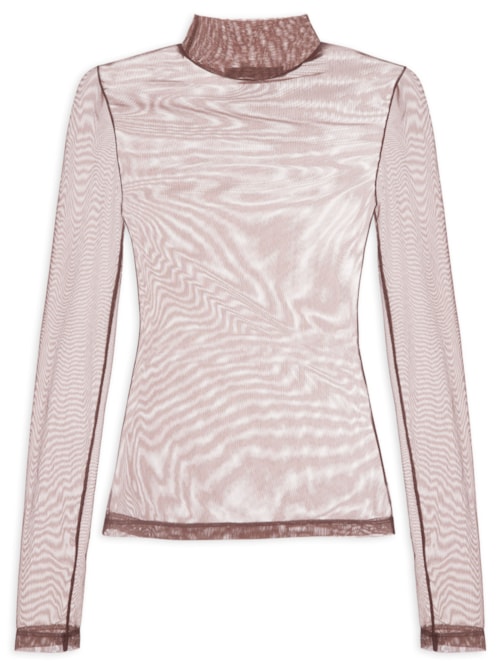Blusa Feminina Gola Alta De Tule - Marrom