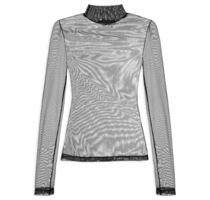 Blusa Feminina Gola Alta De Tule - Preto