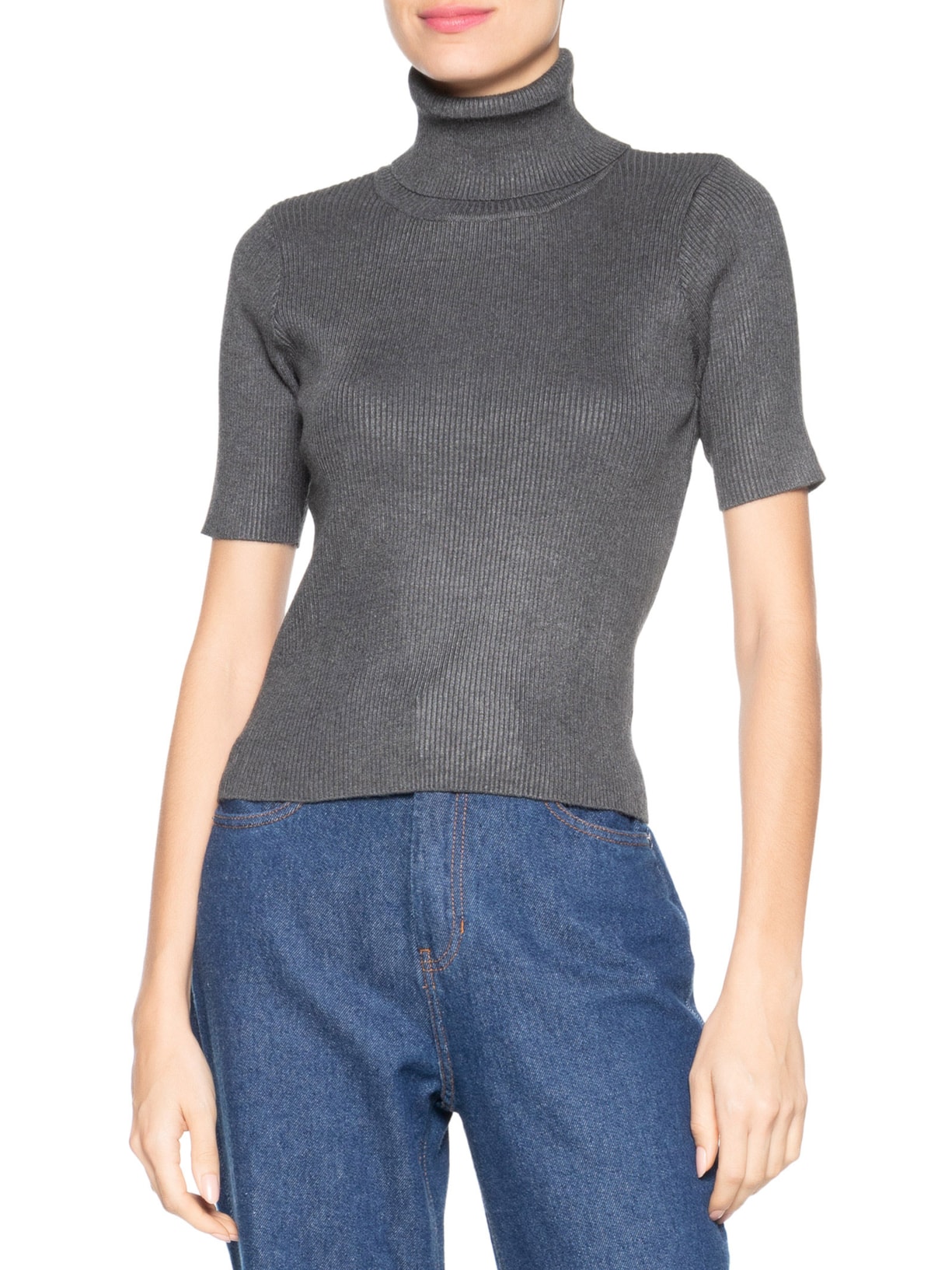 Blusa Feminina Gola Alta em Tricot Cinza '2Essential