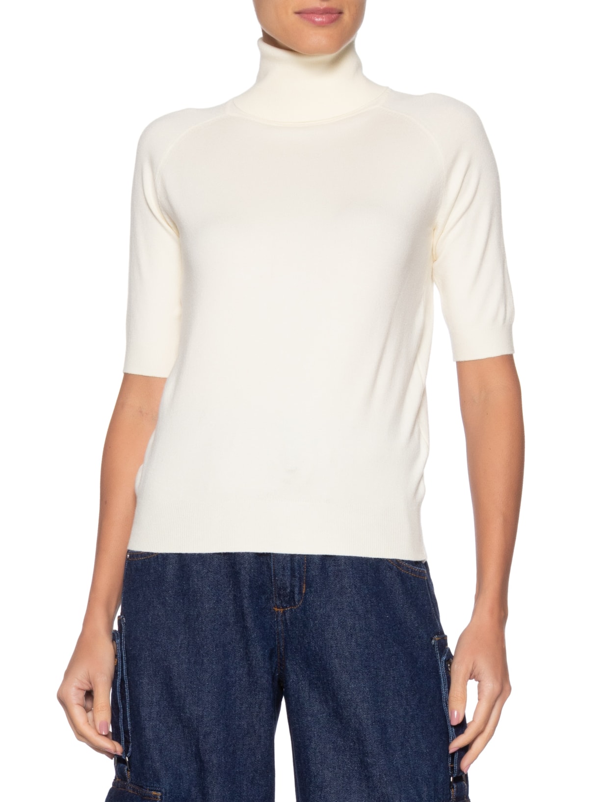 Blusa Feminina Gola Alta Em Tricot Off White '2Essential
