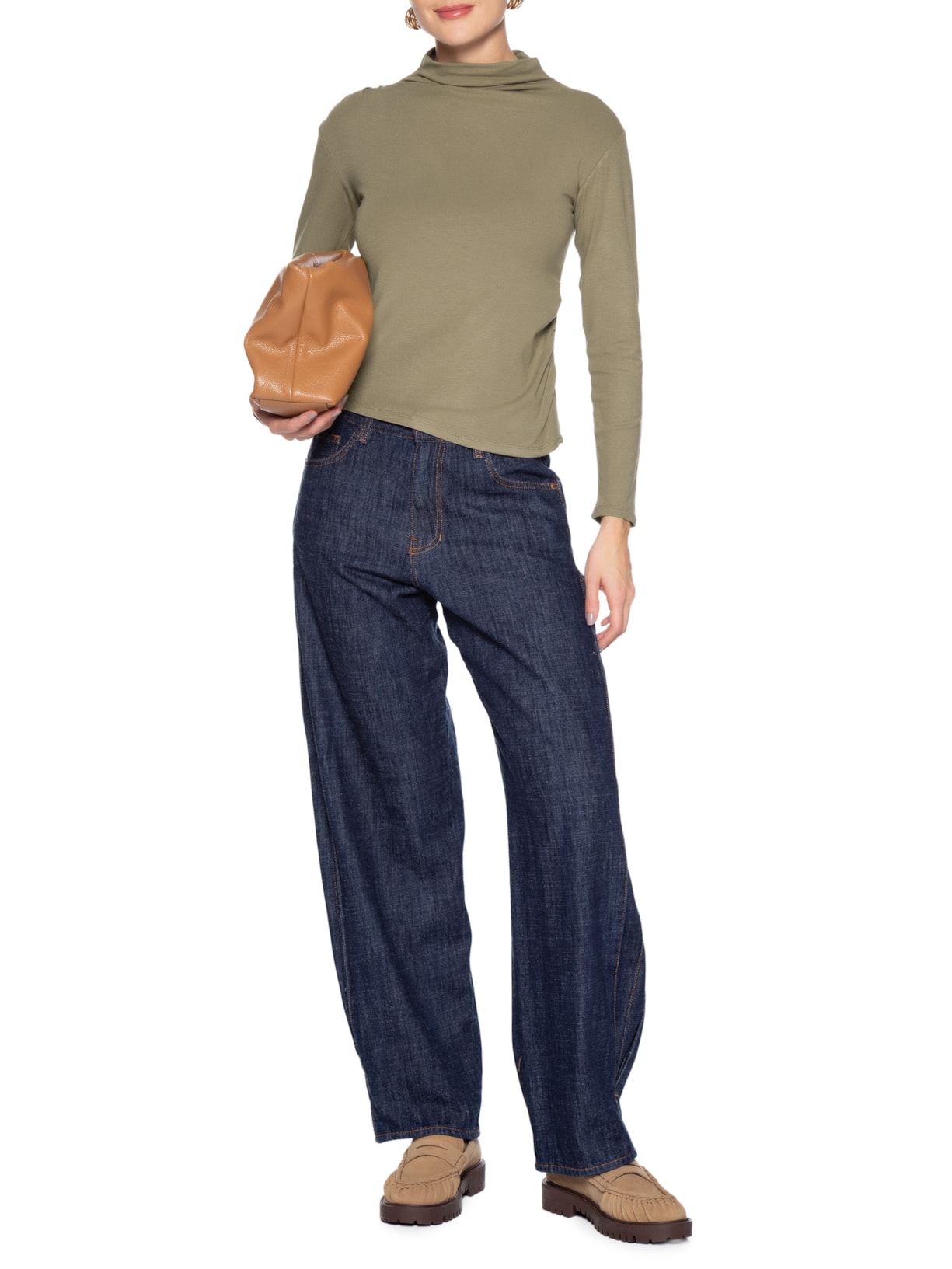 Blusa Feminina Gola Alta Manga Longa Bege Basiq