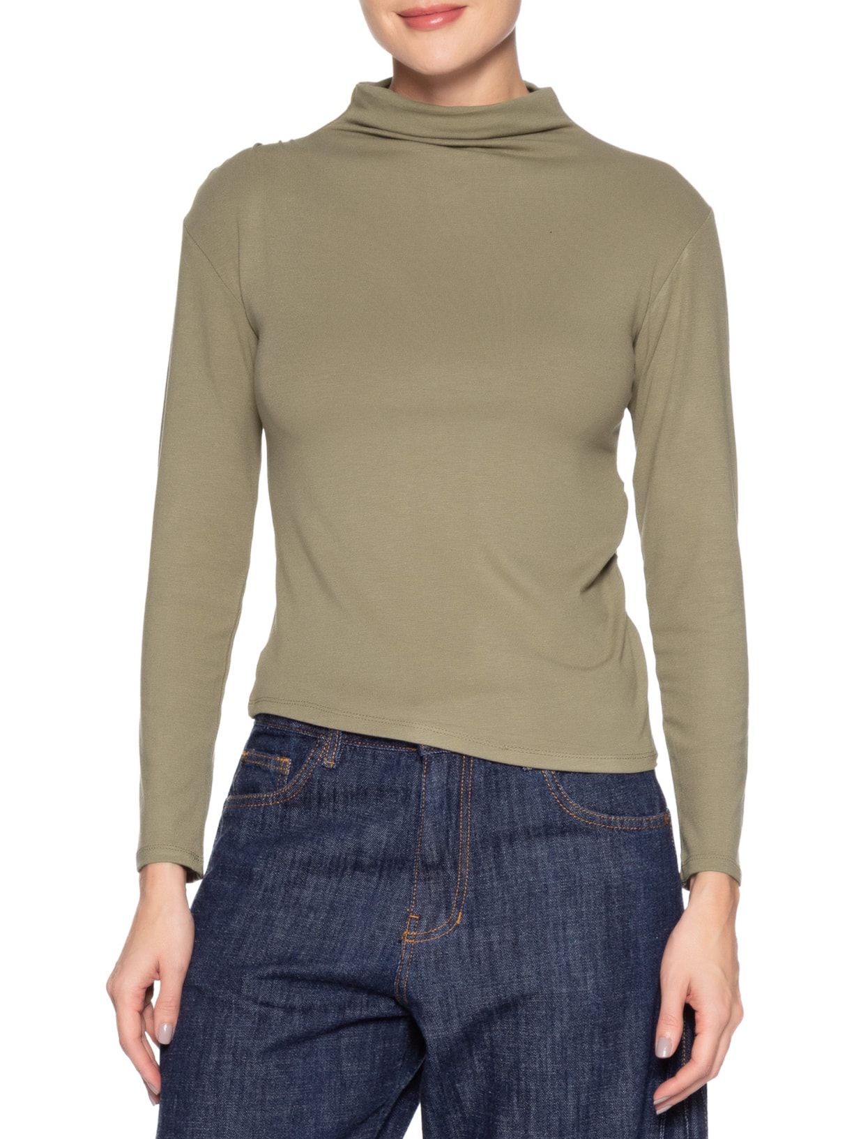 Blusa Feminina Gola Alta Manga Longa Bege Basiq